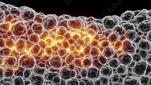 Abstract cluster of dark, textured spheres with a glowing orange core, representing cells or particles in motion, scientific research, or digital network
