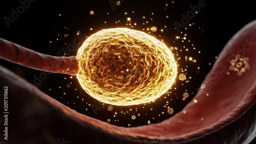 Abstract glowing spherical cell emerging from biological vessel, representing cellular process, infection or development in science and medicine