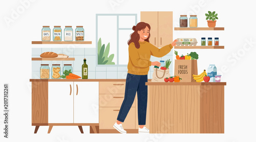 Woman organizing groceries in kitchen, modern flat 2D vector style, cozy everyday life scene, isolated on white background, commercial stock illustration
