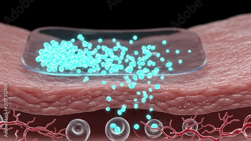 Microscopic view of skin layer with translucent patch releasing glowing blue particles into dermis, medical treatment concept, 3D render