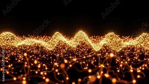 Abstract network of glowing orange particles forming connections and undulating waves on black background, data flow, technology concept