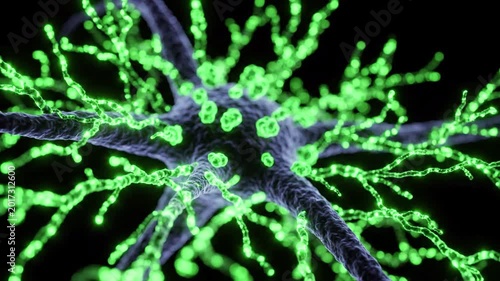 Close up of a neuron with glowing green synaptic connections and neurotransmitters, representing brain activity, neural network, and medical science, dark background