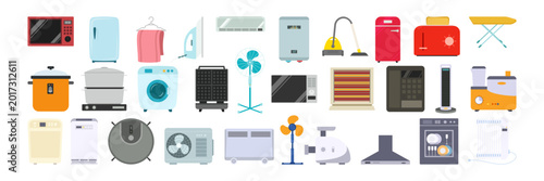 Flat Style Home Household Appliances Illustration Set with Kitchen Laundry Heating and Cooling Devices