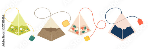 Colorful Flat Style Tea Bag Illustration Set with Various Shapes Tags and Herbal Contents