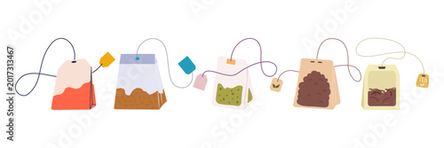Colorful Flat Style Tea Bag Illustration Set with Various Shapes Tags and Herbal Contents