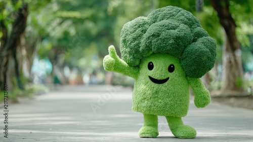 Cute broccoli mascot character giving thumbs up on park walkway with soft bokeh background