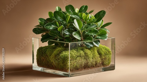 Modern Glass Floraðèóì with Lush Ficus and Moss: Minimalist Indoor Plant Composition Against Warm Beige Backdrop