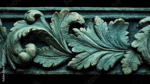 Baroque Acanthus Leaf Ornament in Olive Green — 3D Textured Relief Pattern on Dark Background, Elegant Decorative Texture
