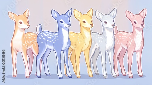 Charming Cartoon Fawns in Pastel Colors: Four Adorable Deer Characters with Unique Hues for Children’s Media and Illustrations