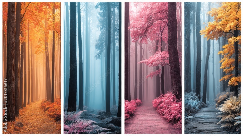 Fototapeta premium Four Seasons in the Forest: Vibrant Pathways Through Autumn Gold, Misty Blue, Pink Fantasy, and Golden-Yellow Canopies
