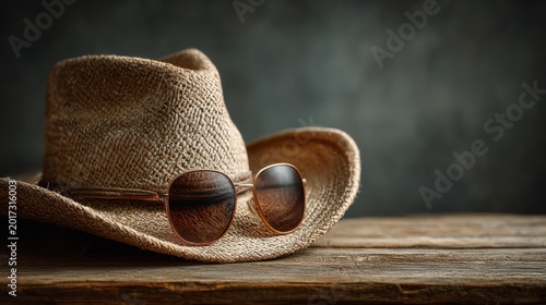 Rustic Charm: Straw Cowboy Hat with Aviator Sunglasses — Summer Vacation Vibe for Lifestyle Photography