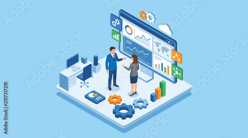 Business people analyzing data on a digital dashboard isometric illustration.