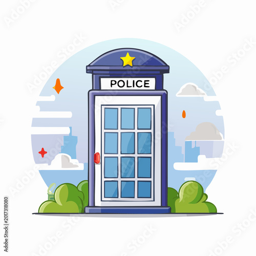 Iconic Blue Police Box Booth With Star Emblem and City Skyline Background