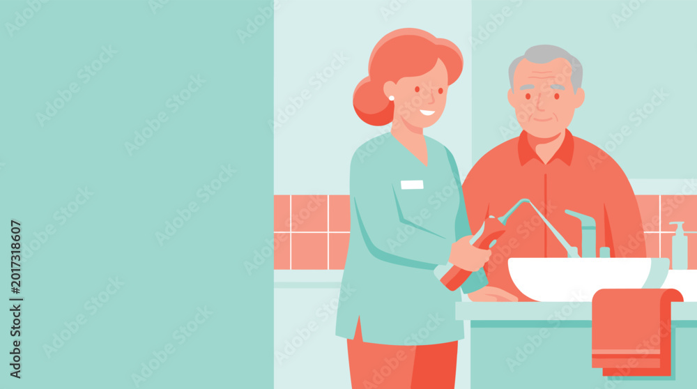 Obraz premium Female caregiver assists an elderly man with oral hygiene using a water flosser at a bathroom sink in an assisted living home.