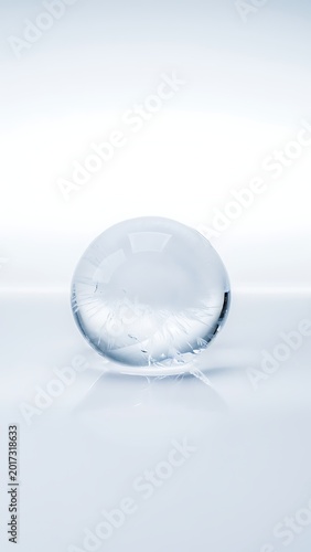 A single crystal sphere reflecting light on a bright white background.