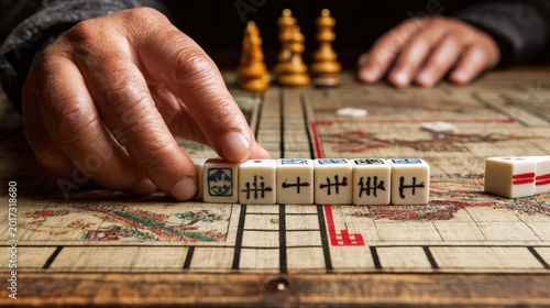 Hand places a traditional game tile onto a decorative wooden board.