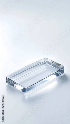 A single rectangular clear glass block or paperweight on a white surface.