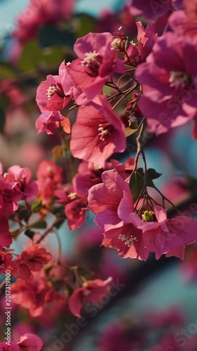 Vibrant Pink Bougainvillea Blossoms Against a Clear Blue Sky