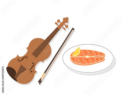 A violin and a plate of grilled salmon with lemon.
