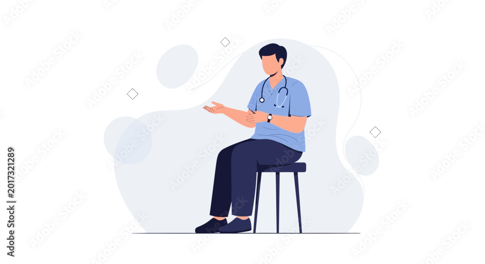 Fototapeta premium Doctor Sitting, Talking, Stethoscope, Medical Consultation, Flat Illustration