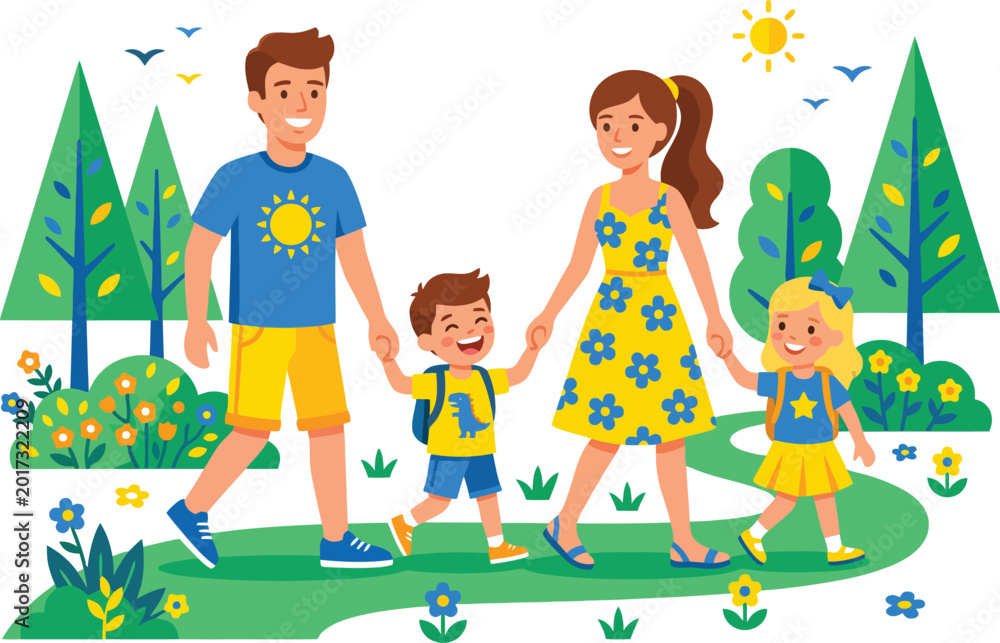 Fototapeta premium Happy family walking in nature park, parents with children holding hands outdoors, summer vacation and healthy lifestyle vector illustration