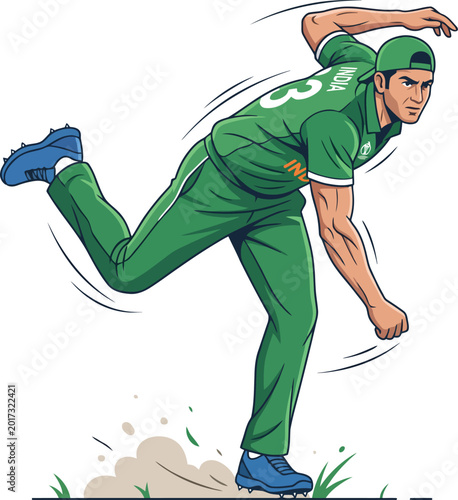 фотографія Cricket bowler in action vector illustration, professional cricket player throwi