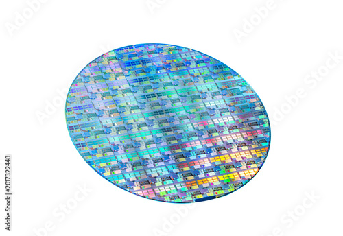 High-tech Macro Photography of a Colorful Silicon Wafer with Microchip Patterns isolated on white background,AI Hardware and Semiconductor Industry Concept.