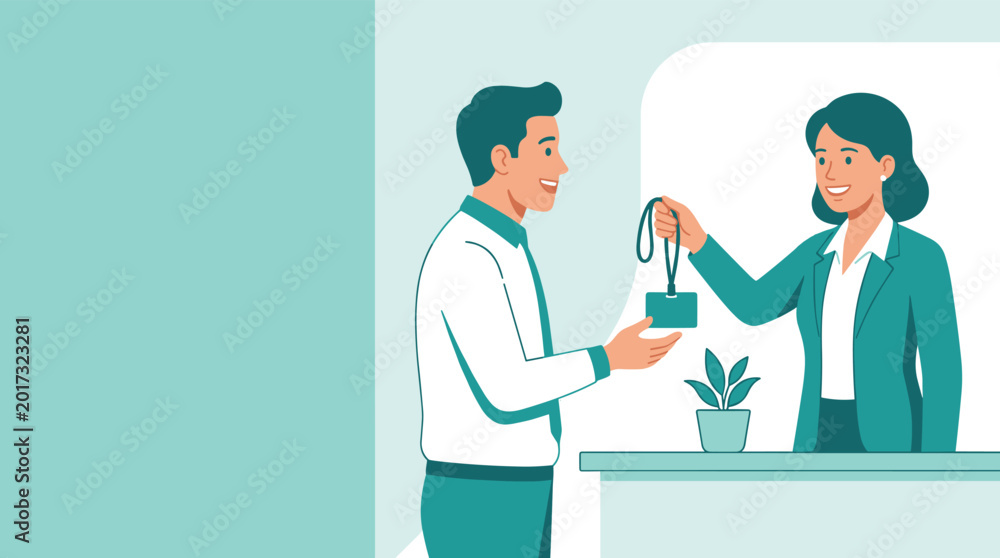 Fototapeta premium Receptionist or HR professional handing a new employee their identification badge at a welcome desk in a corporate office setting.