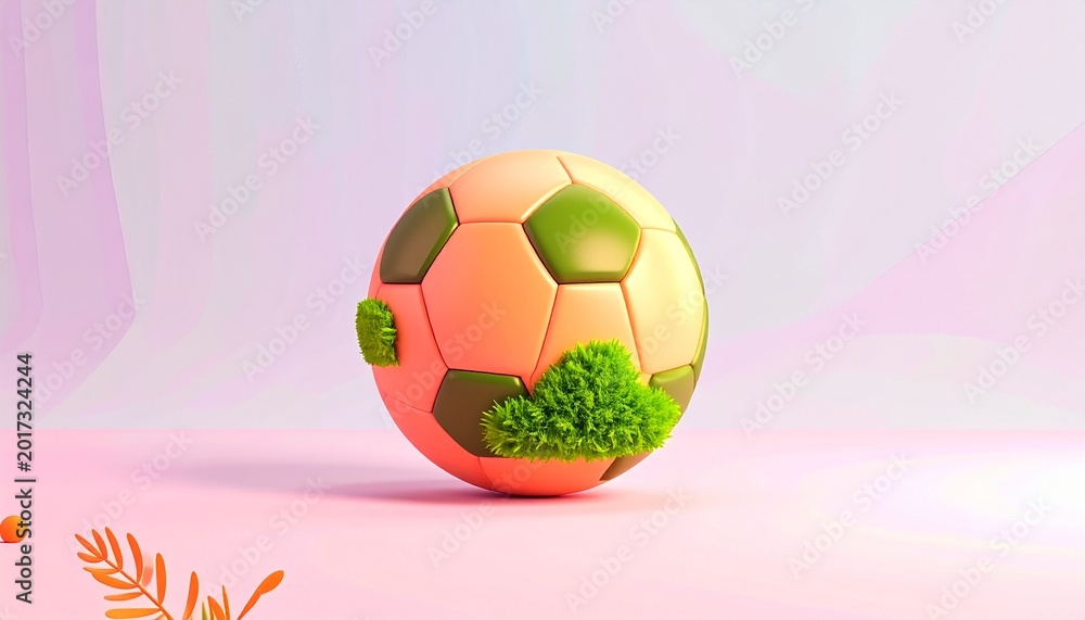 Fototapeta premium Vibrant 3D Render of a Sustainable Football Adorned with Lush Green Moss, Blending the Spirit of Sport with Nature's Harmony on a Soft, Artistic Background