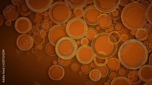 Abstract background features layered circular rings in shades of amber and gold.