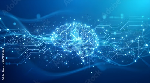 Futuristic artificial intelligence concept featuring a glowing digital brain with neural network connections and data flow on blue background. Ideal for AI, machine learning, and technology themes