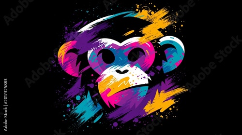 Whimsical, vibrant monkey logo pops with dark colors on a black background. Abstract art for shirts and merchandise.
