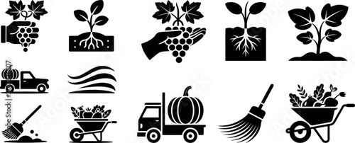 Farm harvest icons including trucks wheelbarrows pumpkins brooms with wheelbarrow agriculture vegetable gardening transport delivery collection