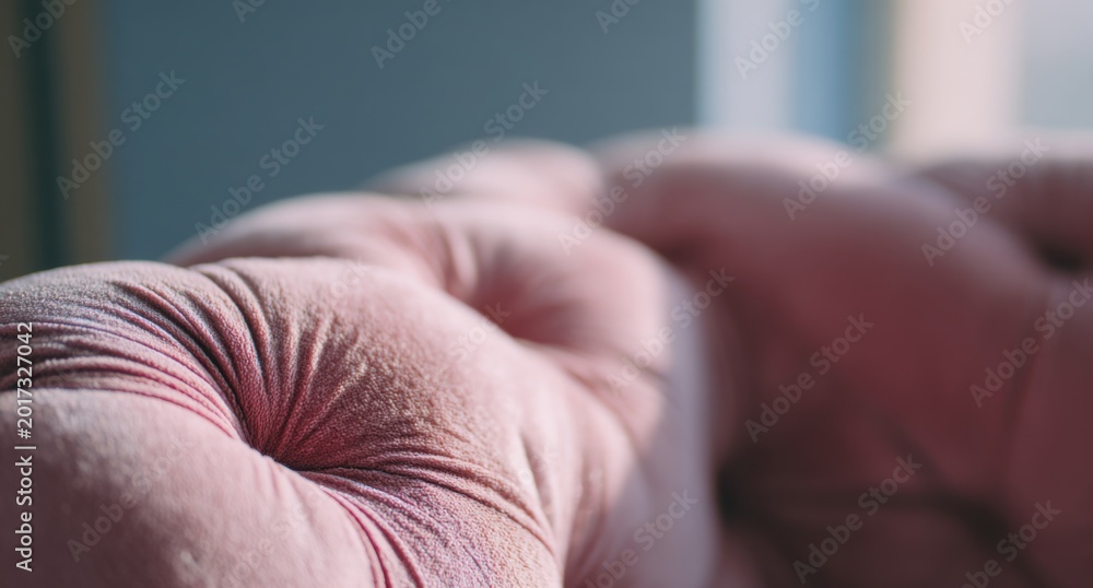 Fototapeta premium Close-up of a Luxurious Pink Velvet Tufted Sofa Section.