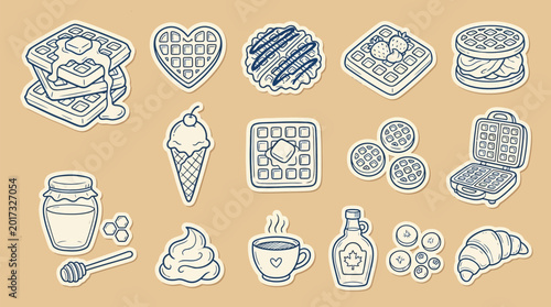 Fotografi A charming collection of hand-drawn waffle-themed illustrations, featuring various waffle shapes, toppings, and complementary breakfast items