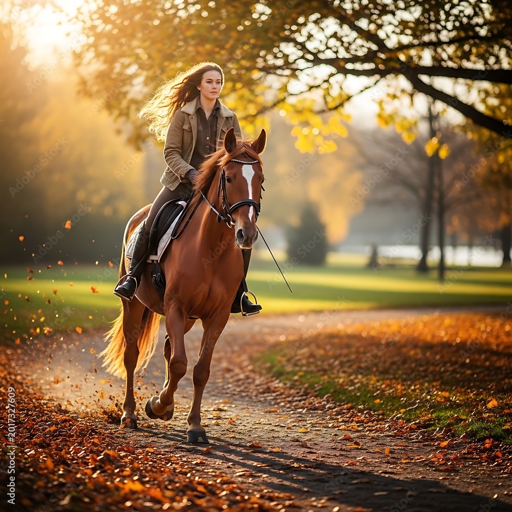 Obraz premium Woman Riding Horse on Autumn Path.