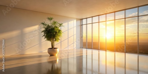 Serene Sunset Illumination in Minimalist Interior Space with Indoor Plant