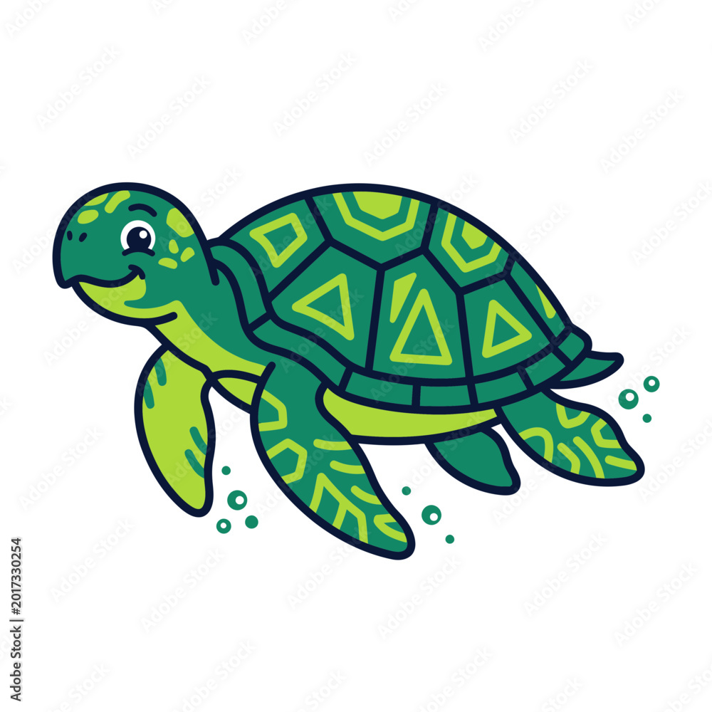 Fototapeta premium Cute Cartoon Green Sea Turtle Swimming Vector Illustration