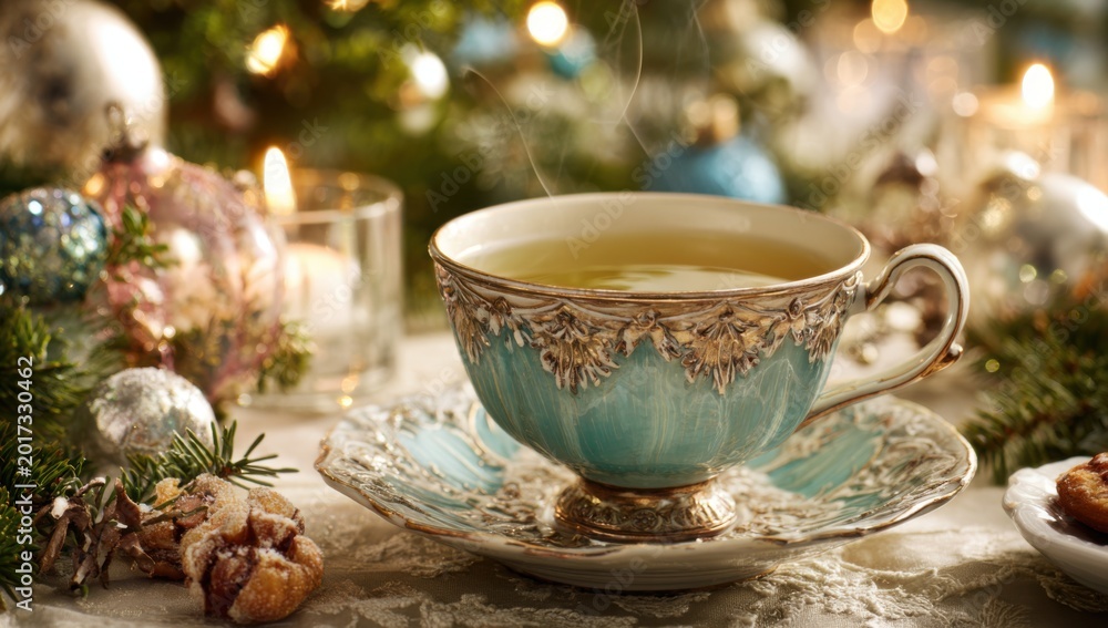 Fototapeta premium Cozy Christmas Tea Time with Festive Decorations and Warm Lights.