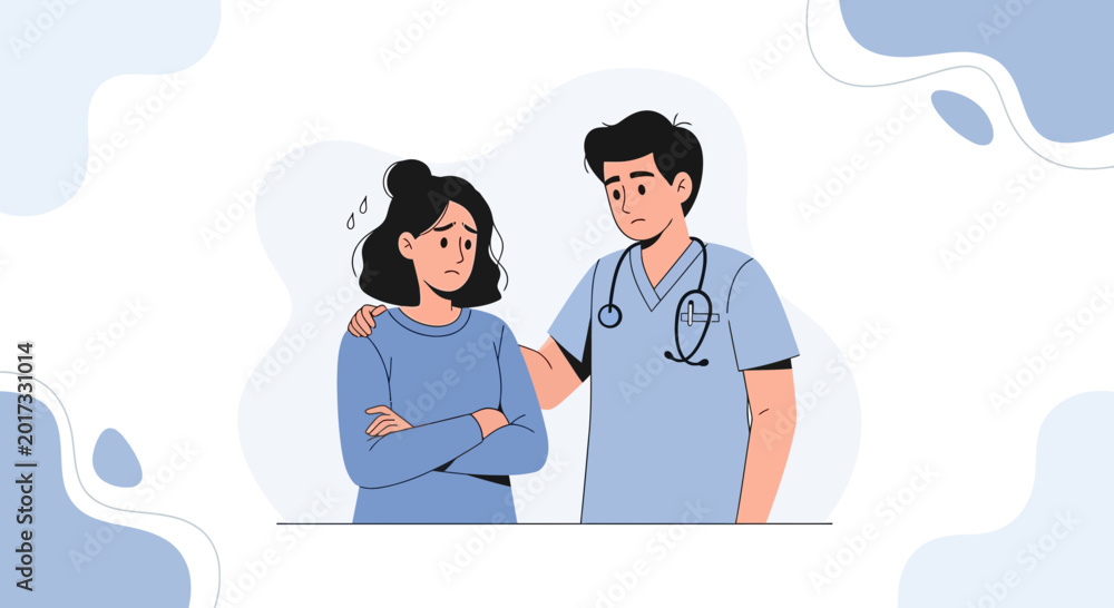 Fototapeta premium Doctor comforting distressed patient with hand on shoulder, modern illustration
