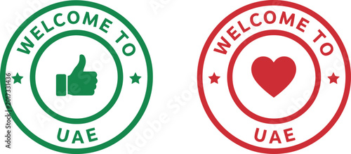 Welcome to UAE vector badges with thumbs up and heart icons in green and red for tourism and hospitality