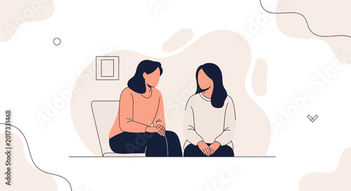 Two women talking, sharing secrets, conversation, support, friendship, illustration