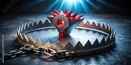 A menacing steel trap, secured by a heavy chain, awaits its unsuspecting victim, a sharp, ominous symbol poised within its deadly jaws.