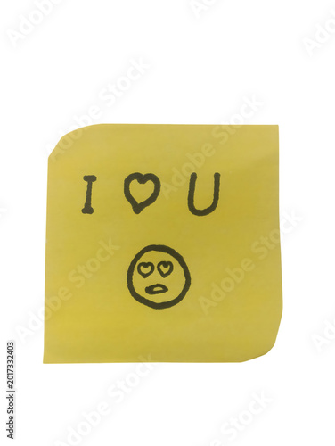 Yellow sticky note with love face drawing isolated on transparent background