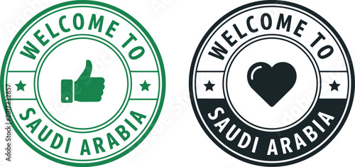 Welcome to Saudi Arabia badge icons with thumbs up and heart symbols, vector illustration