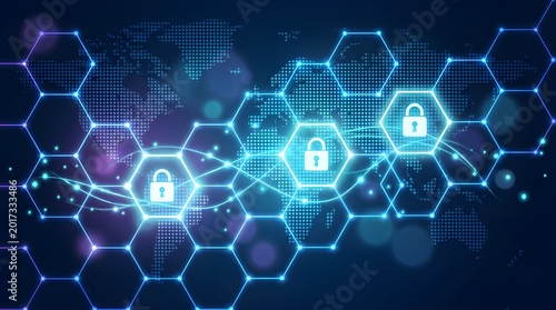 Glowing digital padlock icons secure a global network connection interface