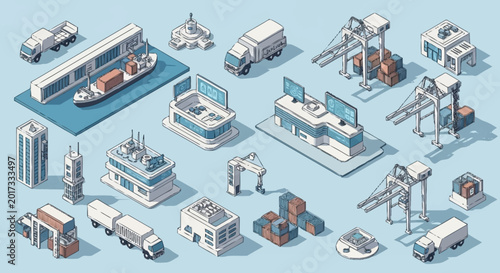 Isometric industrial and transportation icons set.