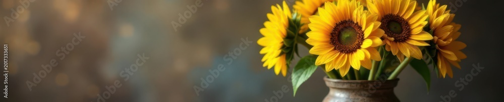 Fototapeta premium Towering sunflowers fill a rustic vase, vibrant yellow blooms , rustic, flowers