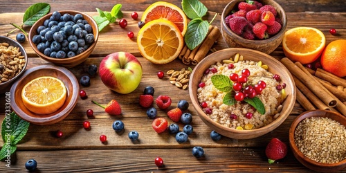 Aromatic and nutritious breakfast bowl featuring a crumble topping, fresh berries, citrus fruits, and apple slices, arranged on a rustic wooden surface