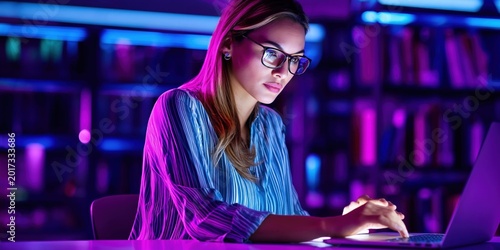 Focused woman in glasses working on a laptop in a library at night